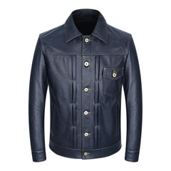 Men Genuine Leather Jacket Soft Slim Fit Blue Cowhide Leather Jacket Casual Style Single Breasted Coat Spring