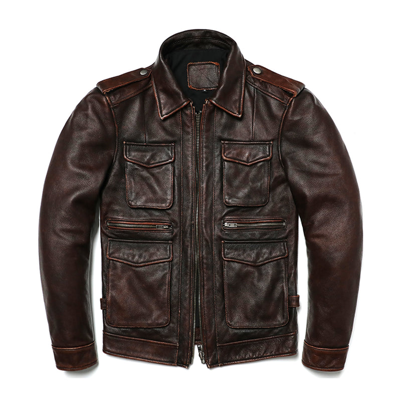 New Brown Vintage Style Genuine Leather Jacket Men Natural Cowhide Fashion Slim Coat Jackets