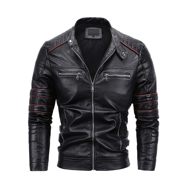 Motorcycle Leather Jacket Men Winter Fleece Tactics Coat Male PU Stand Collar Zipper Autumn Casual Slim Windbreaker