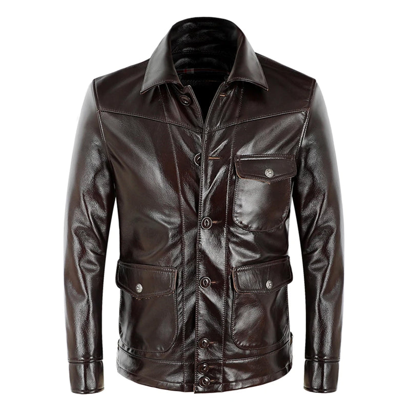 Men's Motorcycle Leather Jacket Genuine Leather Coat Male Cowhide Brown Slim Classic Quality Fashion Coat