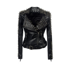 Women Fashion Club hot style Stud slim fit jacket shoulder rivets zip stitching short PU leather rock coat