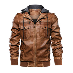 Men Hooded PU Leather Zipper Jacket Cotton Leather Jacket Hooded Motorcycle Jacket Men Fashion Clothing