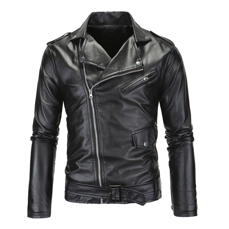 New Casual Slim Men's Leather Jackets Fashion Zipper Solid Color Turn-down Collar Men Motorcycle Jacket Leather Coats