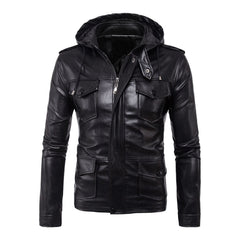 Men Soft PU Leather Jacket with Leather Hood Black Pockets Plus Size Motorcycle