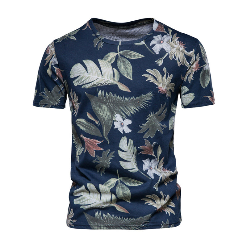 Men's Leaf Print T-shirt Round Neck Short Sleeve Shirt Summer Casual Loose Edition