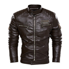 Leather Jacket Men Winter Motorcycle PU Leather Jacket Stand Collar Casual Windbreaker Slim Solid Coat