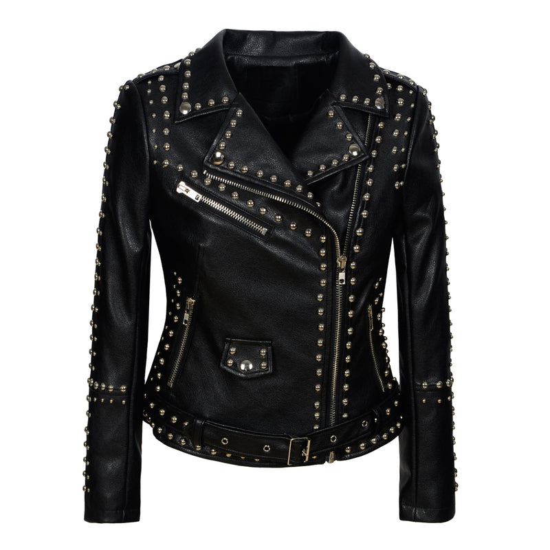 New Autumn Winter Women's Short Steampunk PU Jacket Fashion Round Rivet Decoration Metal Zipper Slim Fit Windproof Coat