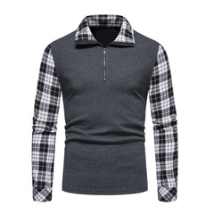 New Classic Fashion Men's Polo Shirt Men's Casual Long-sleeved Casual High Quality Long Sleeve Zip Collar Check Polo Shirt