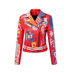 Red Leather Jacket Women Graffiti Colorful Print Moto Biker Jackets and Coats PUNK Streetwear Ladies Clothes