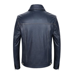 Men Genuine Leather Jacket Soft Slim Fit Blue Cowhide Leather Jacket Casual Style Single Breasted Coat Spring