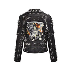 Rivet Death Patch Faux Leather Punk Rock Jackets Slim Motorcycle 3D Skeleton Pattern Outwear with Belt Male Female