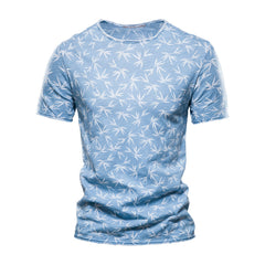 Men's Leaf Print T-shirt Round Neck Short Sleeve Shirt Summer Casual Loose Edition