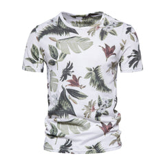 Men's Leaf Print T-shirt Round Neck Short Sleeve Shirt Summer Casual Loose Edition