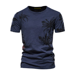 Men's Leaf Print T-shirt Round Neck Short Sleeve Shirt Summer Casual Loose Edition