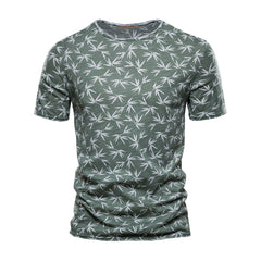 Men's Leaf Print T-shirt Round Neck Short Sleeve Shirt Summer Casual Loose Edition