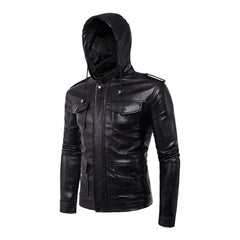 Men Soft PU Leather Jacket with Leather Hood Black Pockets Plus Size Motorcycle