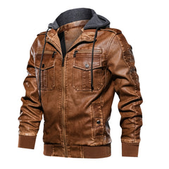 Men Hooded PU Leather Zipper Jacket Cotton Leather Jacket Hooded Motorcycle Jacket Men Fashion Clothing