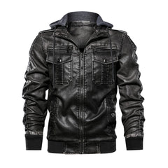 Men Hooded PU Leather Zipper Jacket Cotton Leather Jacket Hooded Motorcycle Jacket Men Fashion Clothing