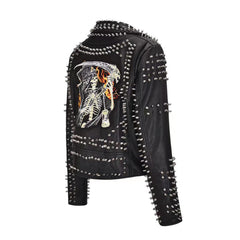 Rivet Death Patch Faux Leather Punk Rock Jackets Slim Motorcycle 3D Skeleton Pattern Outwear with Belt Male Female