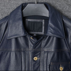 Men Genuine Leather Jacket Soft Slim Fit Blue Cowhide Leather Jacket Casual Style Single Breasted Coat Spring