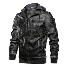 Men Hooded PU Leather Zipper Jacket Cotton Leather Jacket Hooded Motorcycle Jacket Men Fashion Clothing