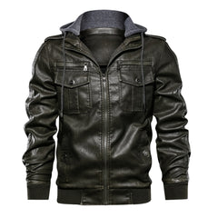 Men Hooded PU Leather Zipper Jacket Cotton Leather Jacket Hooded Motorcycle Jacket Men Fashion Clothing