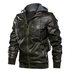 Men Hooded PU Leather Zipper Jacket Cotton Leather Jacket Hooded Motorcycle Jacket Men Fashion Clothing